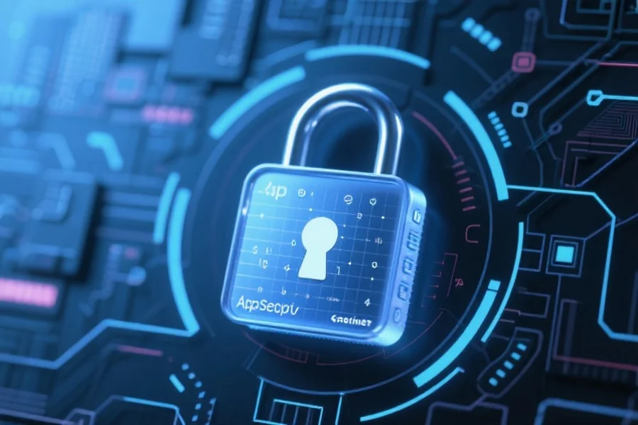 现代风格的数字安全锁象征着App安全保护，背景为抽象科技图案